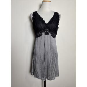 Womens Silk Babydoll Mini Slip Dress XL Black Lace Houndstooth Print Fairy Goth
